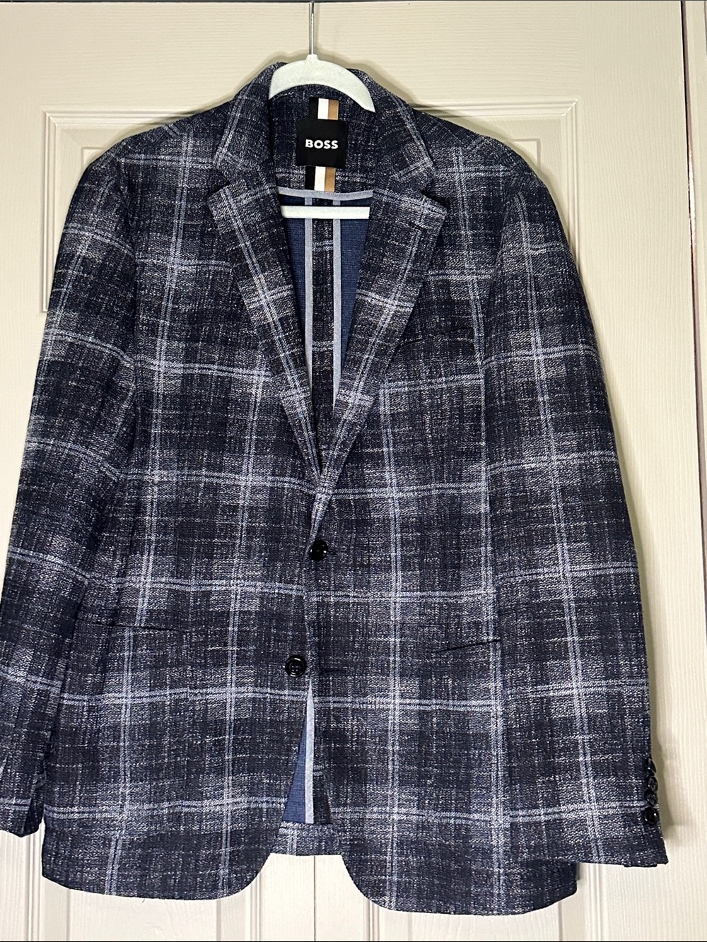 BOSS Italian Jersey Navy and Gray Windowpane Plaid Sport Coat